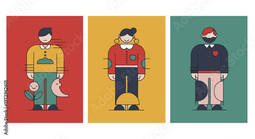 Three diverse men standing in a row, each with unique outfits and accessories, showcasing individuality and style.