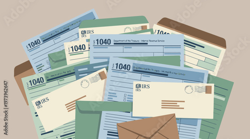 Pile of Tax Forms 1040 and Envelopes