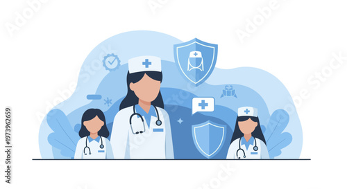 Three female doctors in uniform with stethoscopes, representing medical care and healthcare professionals.