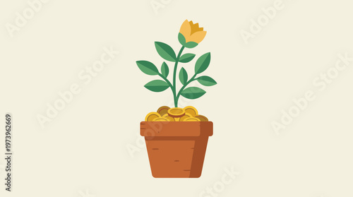 Growing Plant in a Pot of Gold Coins