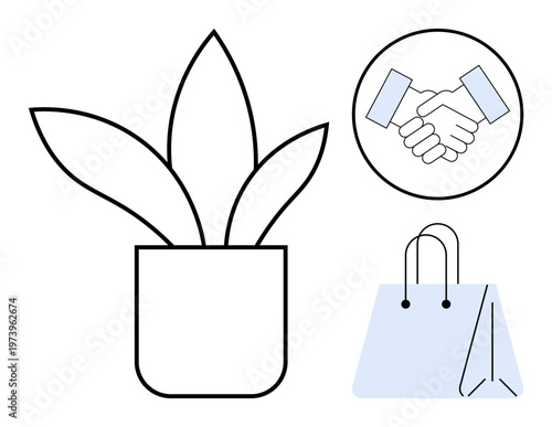 Business deals, e-commerce, sustainability, retail trade, cooperation, minimalist design. Handshake circle, potted plant shopping bag. Business deals and e-commerce illustrated with icons