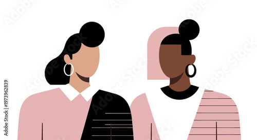 Two diverse women with stylish hairstyles and hoop earrings.