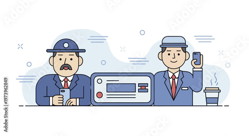 Two businessmen with smartphones and a device in between them.