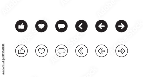 Social media engagement icons set with likes hearts comments and navigation arrow buttons