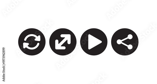 Minimalist black circle media player controls including reload expand play and share icons