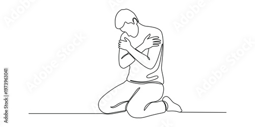 Continuous line drawing of a sad man kneeling on the floor with his arms crossed in despair