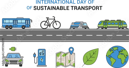International Day of Sustainable Transport - Eco-friendly travel options and symbols