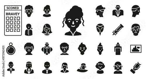 Scored bravery icons, black silhouette symbols, courage signs, 25 elements