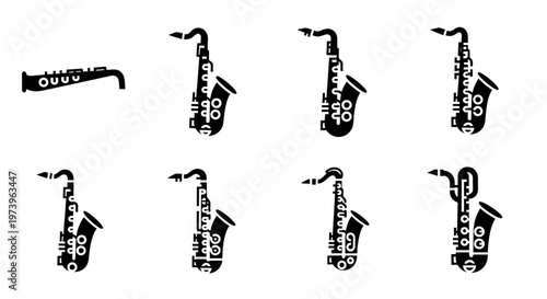 Saxophone icons, musical instrument symbols, black sax illustrations, jazz music graphics, vector saxophone set