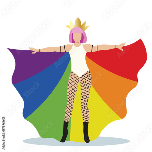 Modern fashion illustration of a confident transgender woman wearing a white outfit with a golden crown headpiece. Stylish vector artwork representing diversity and LGBTQ+ supporting concept