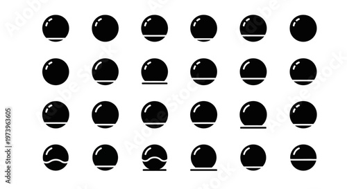 Black sphere icons, glossy ball graphics, 20 circle shapes, vector orbs