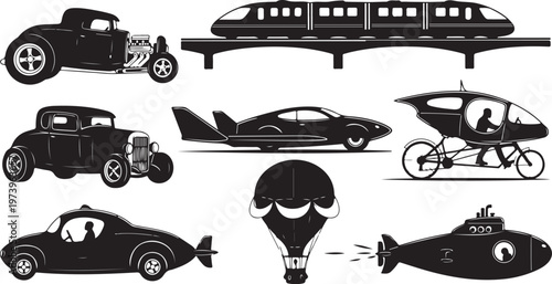 Vintage and Modern Vehicles in Black Silhouette Style Collection
