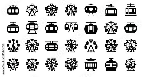 Cable Car, Ski Lift, Funicular Icons Set, 25 Vector Graphics