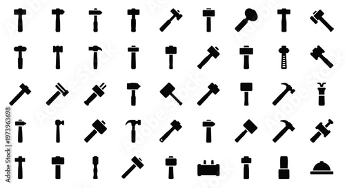 Black silhouette tool icons, hammer symbols, construction tools, 40 piece vector set