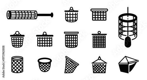 Black and white mesh laundry icons, washing tools, 13 vector graphics, baskets and accessories