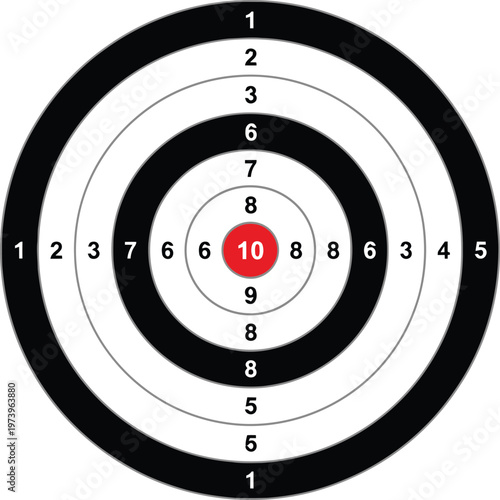 Shooting target with red bullseye, circular archery dartboard vector, numbered sport aim