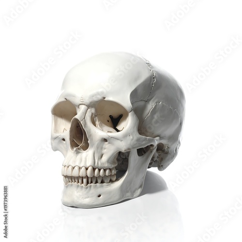 A white skull model facing left on a reflective white surface