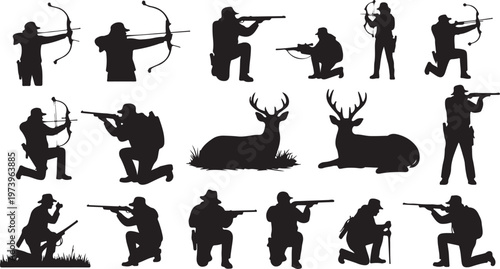 Hunters in Various Poses with Deer Silhouettes Black and White