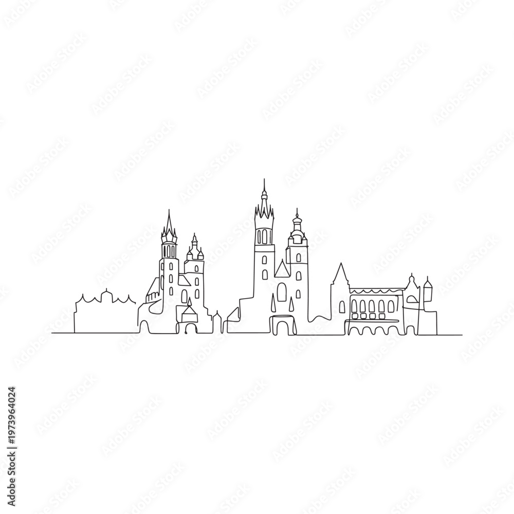 Fototapeta premium Minimalist line drawing depicts a city skyline with towers and structures