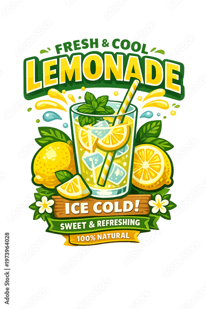 Naklejka premium lemonade poster, lemonade drink, fresh lemonade, summer drink, citrus drink, lemon beverage, refreshing drink, cold drink, iced lemonade, lemonade illustration, drink poster, summer poster, beverage p