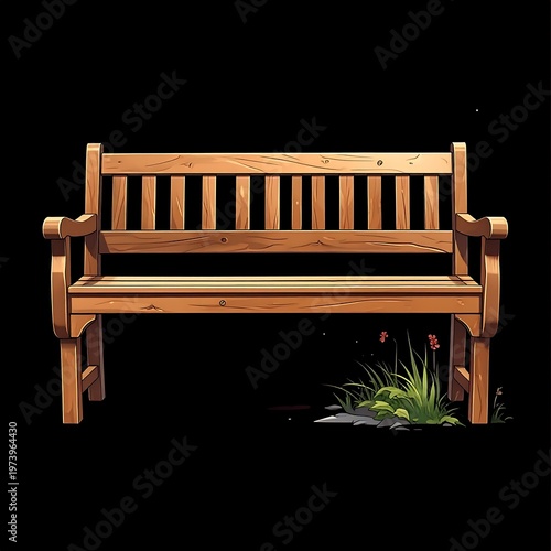 A wooden bench with a backrest on a black background