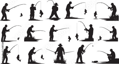 Silhouette of people fishing in various poses and actions