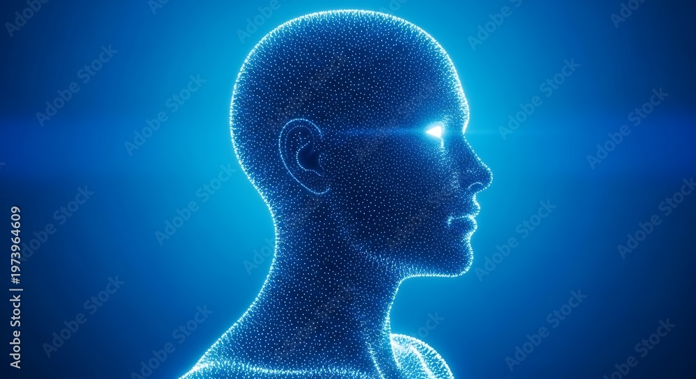 Obraz premium futuristic human profile with digital brain network and glowing neural connections in blue tech environment