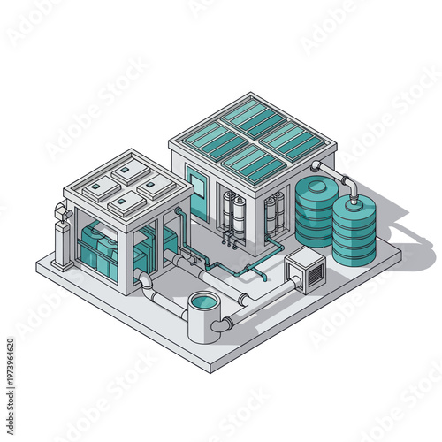 Industrial Water Treatment Plant with Tanks and Pipes.