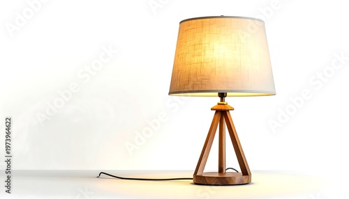 A wooden lamp with a beige shade on a white surface