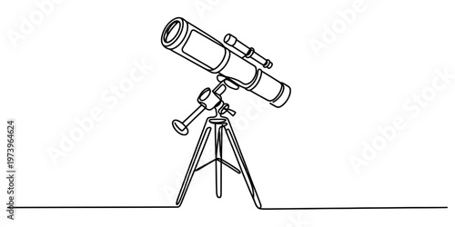 A simple black and white line drawing of a telescope mounted on a tripod for celestial viewing Vector, illustration