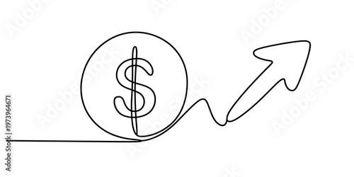 A single continuous line drawing of a dollar coin with an arrow pointing upwards for growth Vector, illustration