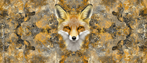 Symmetrical artistic illustration of a majestic fox with golden eyes, set against an ornate abstract pattern of orange and grey tones