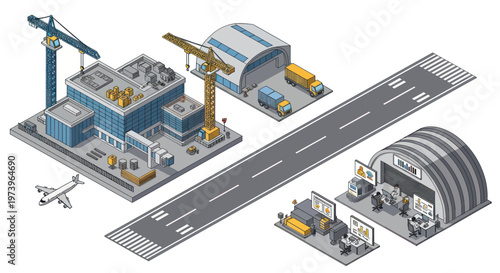Isometric Airport Construction and Operations Scene.