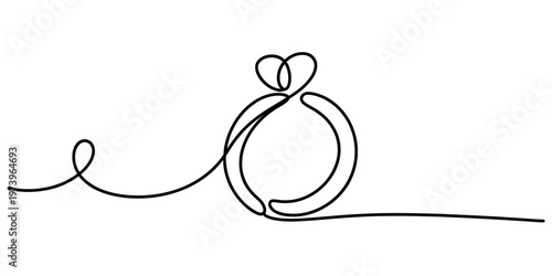 Minimalist continuous line drawing of a simple engagement ring with a heart shape on the top Vector, illustration