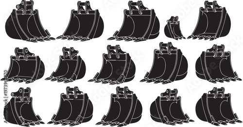 Collection of excavator buckets in various sizes and positions