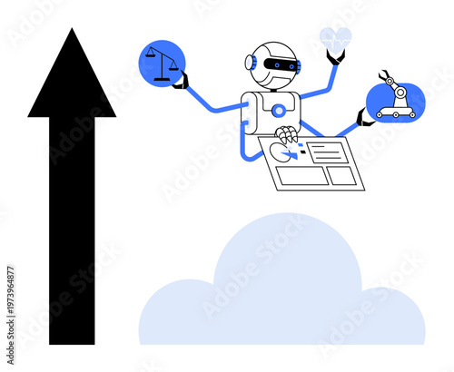 Technology, innovation, artificial intelligence, robotics, automation, cloud computing. Abstract robot handling scales, a robot arm controls floating cloud and an upward arrow. AI and robotics