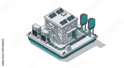 Isometric Floating House with Solar Panels and Modern Design.