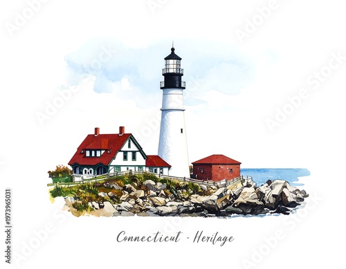 Serene coastal scene with lighthouse and houses on rocky shore