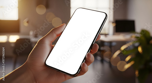 Person holding smartphone with empty white display in a bright office setting sunbeam light across desk and plants.