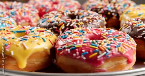 Colorful Donuts with Sprinkles on Plate.