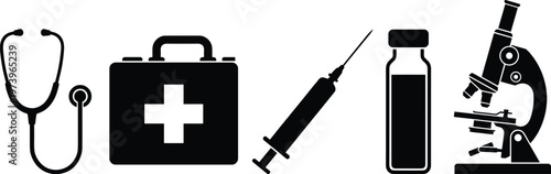 Medical and healthcare icons set including stethoscope, first aid kit, syringe, medicine bottle, microscope, hospital equipment concept, healthcare services illustration isolated on light background