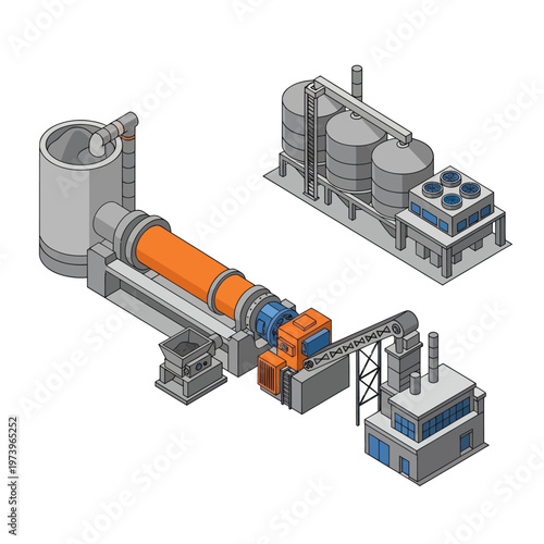Isometric illustration of a cement production plant with rotary kiln and silos.