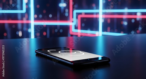 Modern smartphone on a reflective surface, showcasing a cloud icon against a backdrop of glowing neon lines.
