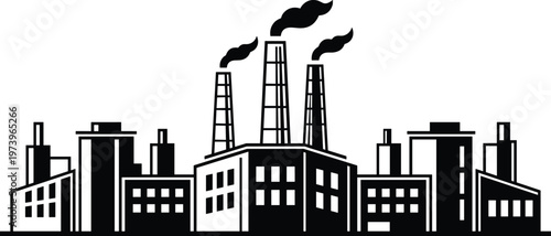 Industrial factory buildings with smokestacks emitting pollution, manufacturing plant silhouette, urban industry concept, environmental impact, heavy industry 