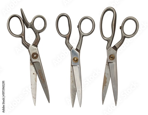 Three old scissors on white background