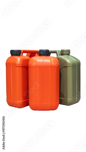 Three plastic jugs in orange and green on white background