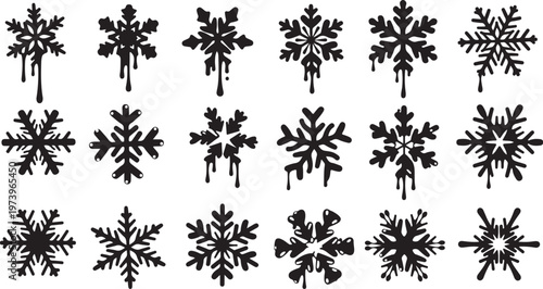 Collection of unique black snowflakes on white background