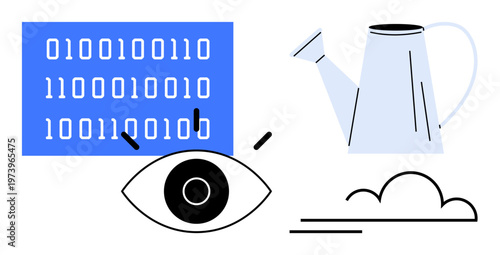 Data analysis, vision, cloud computing, environmental care, sustainable technology, creative processes. Binary code, eye watering can cloud abstraction. Data analysis and vision
