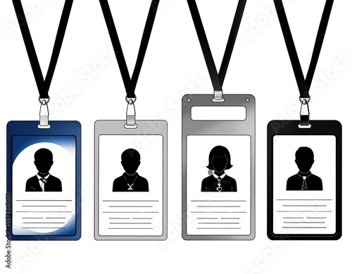 Four identification badges with black lanyards and varied colored frames