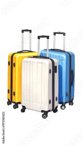 Three wheeled suitcases in yellow, white, and blue